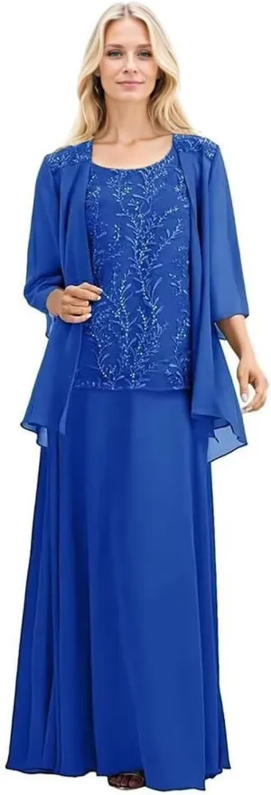 2 Pieces Mother of The Bride Dress with Jacket Chiffon Formal Wedding Guest Dresses 3/4 Sleeve Evening Gowns