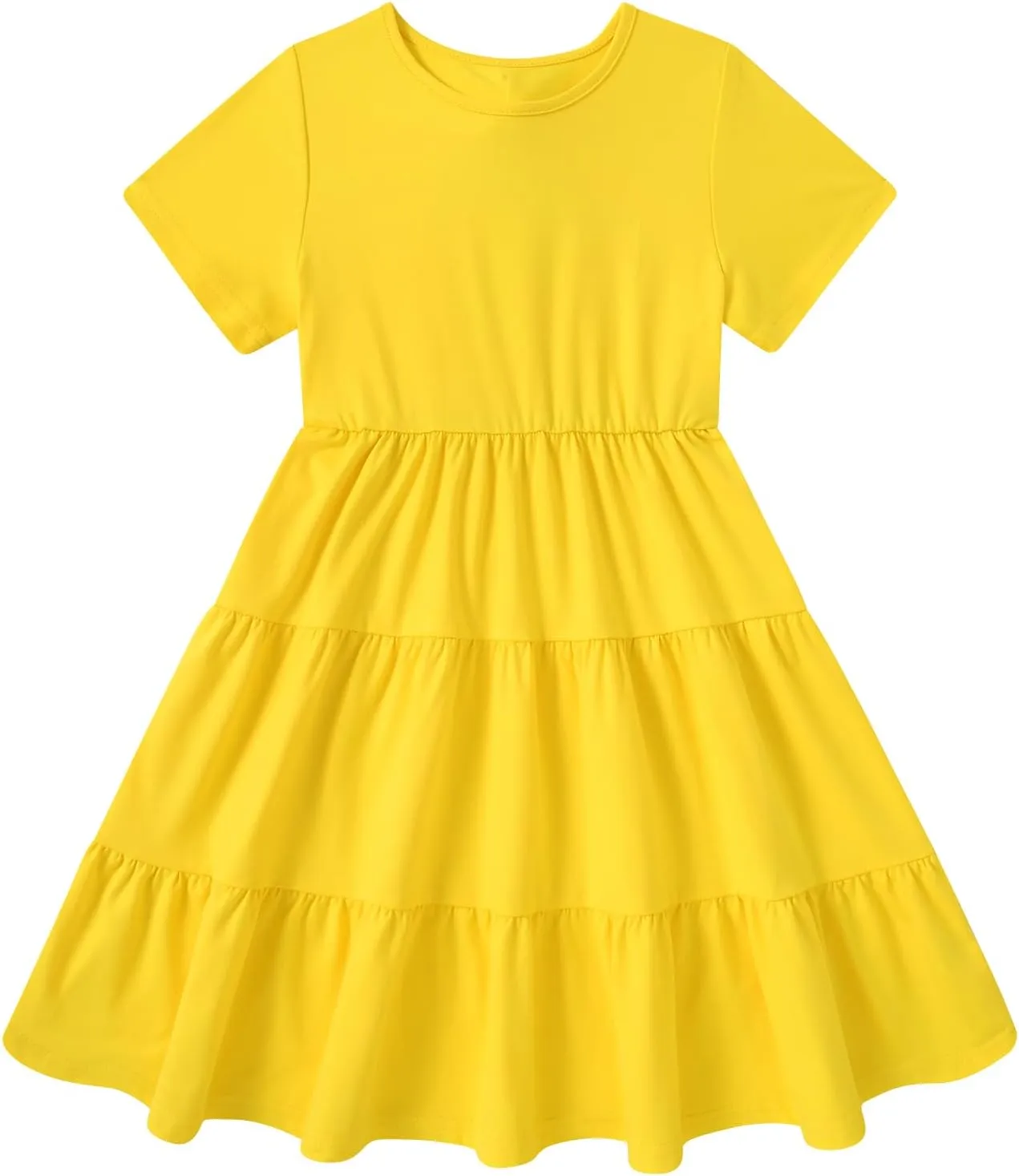 3-7 Years Girls Summer Dresses Tie Back Short Sleeve Ruffle Tiered Twirly Casual Midi Sundress