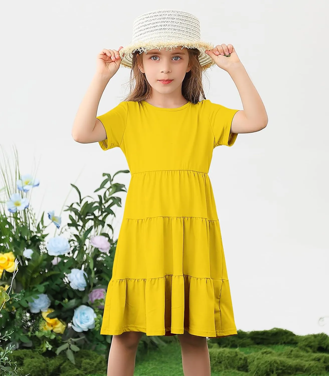3-7 Years Girls Summer Dresses Tie Back Short Sleeve Ruffle Tiered Twirly Casual Midi Sundress