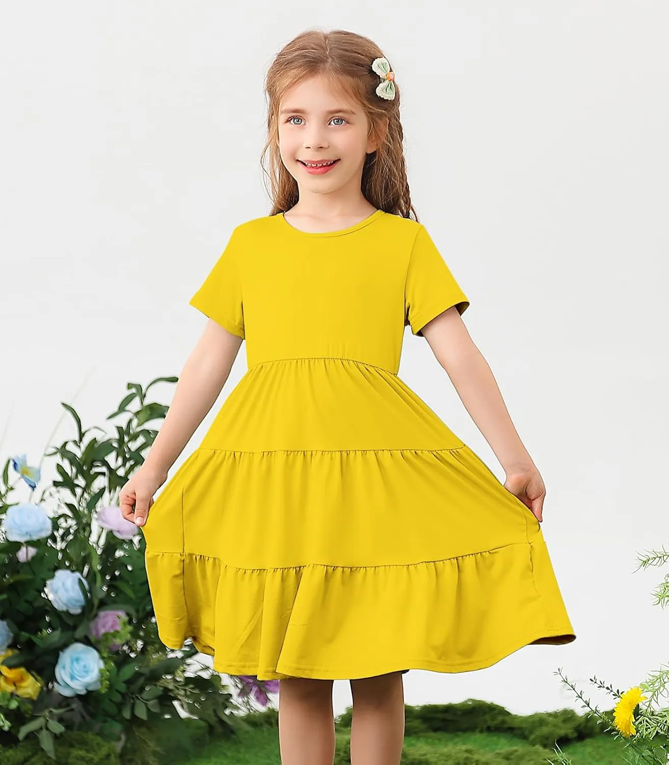 3-7 Years Girls Summer Dresses Tie Back Short Sleeve Ruffle Tiered Twirly Casual Midi Sundress