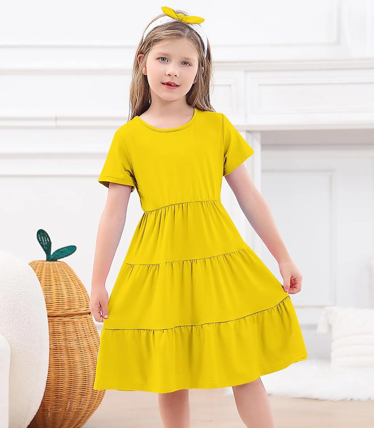 3-7 Years Girls Summer Dresses Tie Back Short Sleeve Ruffle Tiered Twirly Casual Midi Sundress