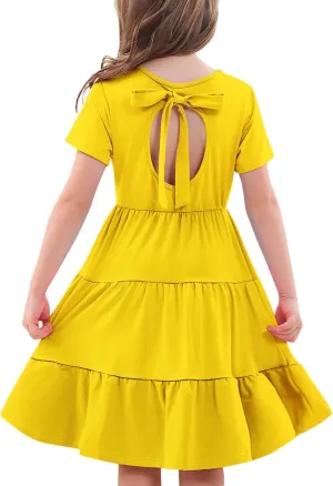 3-7 Years Girls Summer Dresses Tie Back Short Sleeve Ruffle Tiered Twirly Casual Midi Sundress