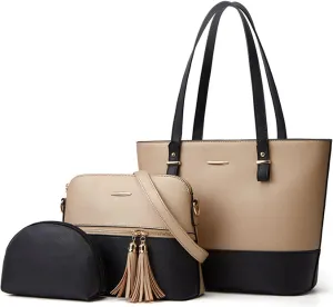 3Pcs Set Handbags and Purses for Women Patchwork Color Shoulder Bags Tassels Totes Top-Handle Satchel Hobo Bags