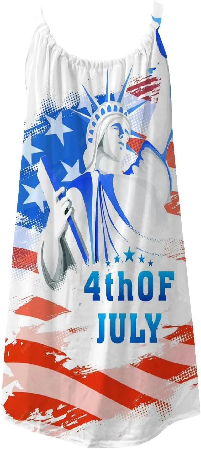4th of July Dresses for Women Summer Casual Sleeveless Beach Flowy Sundress Patriotic American Flag Stars Tank Dress