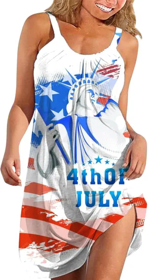 4th of July Dresses for Women Summer Casual Sleeveless Beach Flowy Sundress Patriotic American Flag Stars Tank Dress