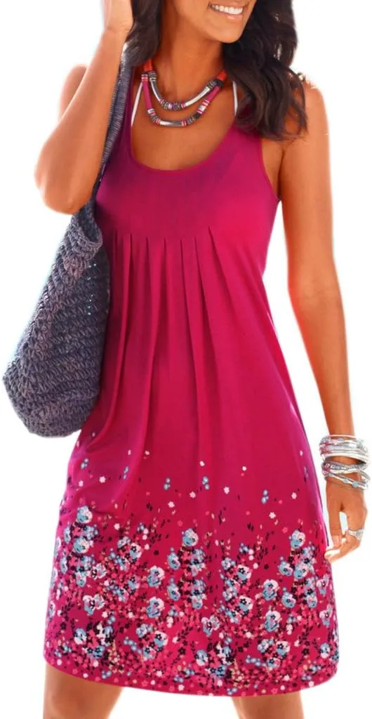AELSON Womens Summer Casual Sleeveless Mini Printed Vest Dresses