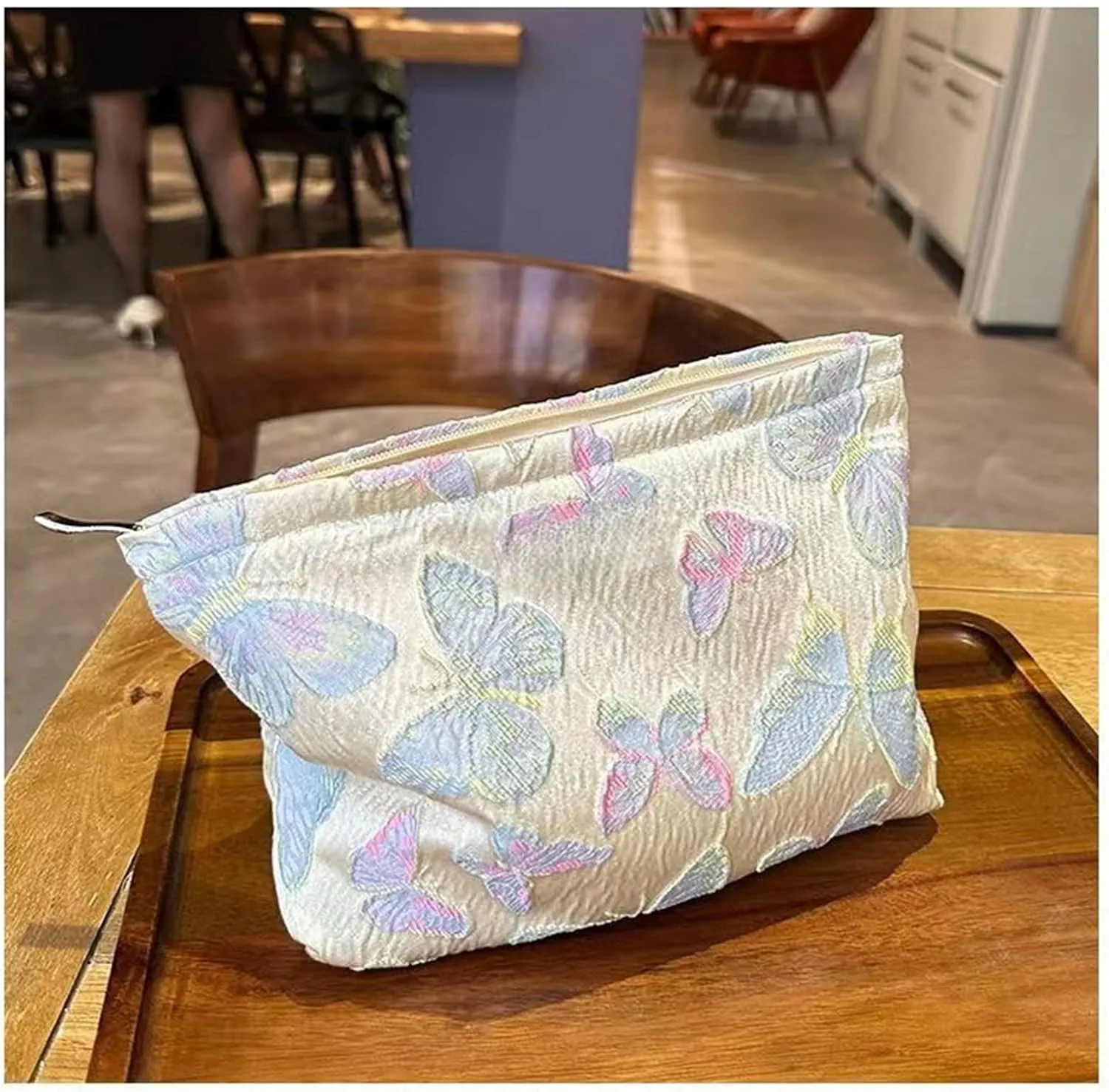 Aesthetic Simple Floral Makeup Pouch for Purse, Cute Clutch Fabric Flowers Small Cosmetic Pouch Bag for Women (Light Blue Butterfly)
