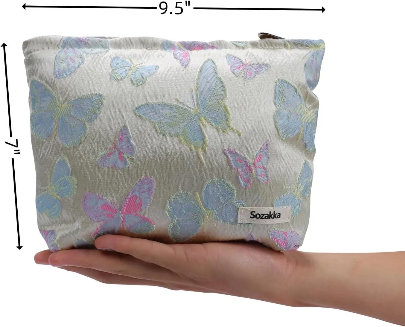 Aesthetic Simple Floral Makeup Pouch for Purse, Cute Clutch Fabric Flowers Small Cosmetic Pouch Bag for Women (Light Blue Butterfly)