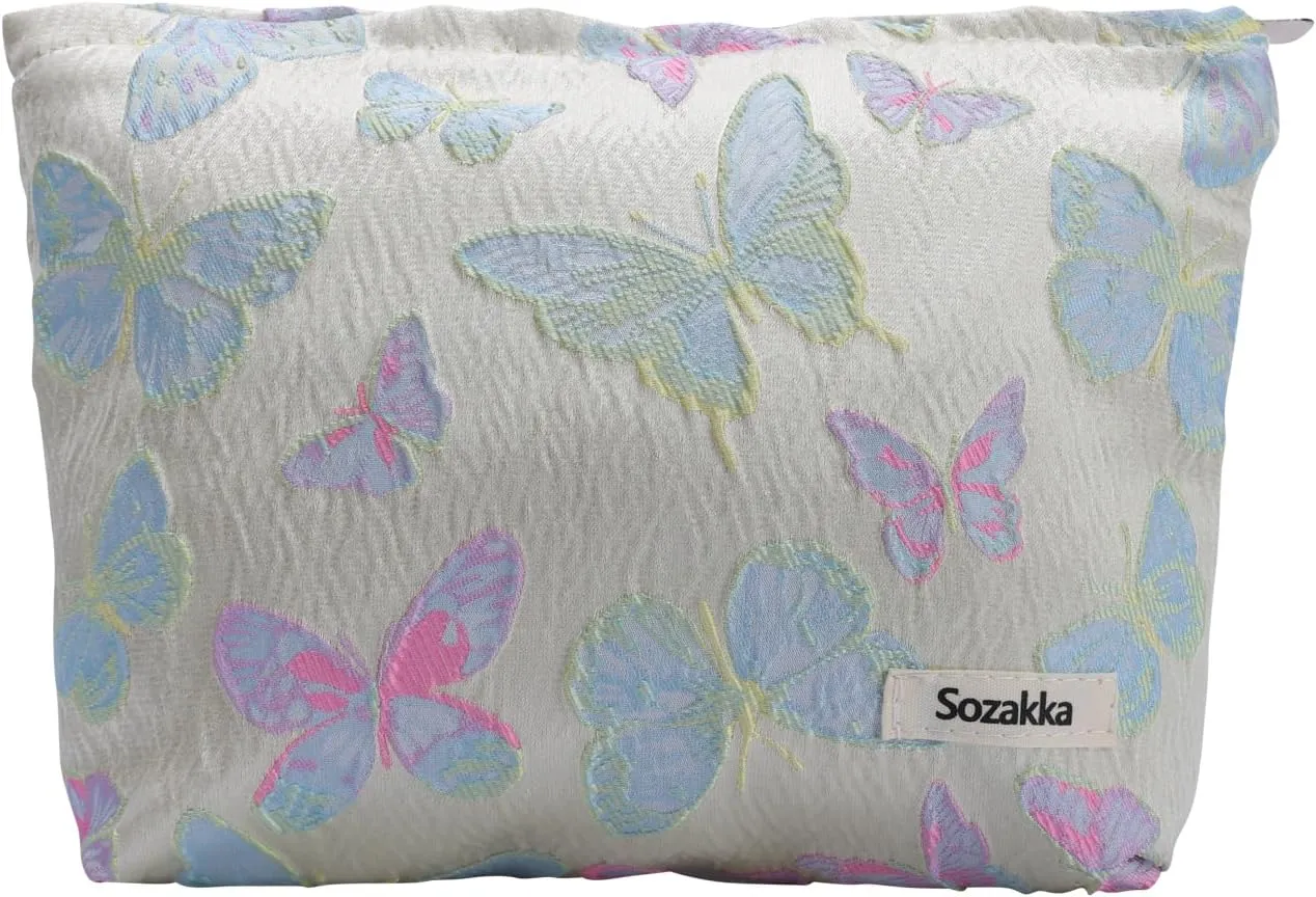Aesthetic Simple Floral Makeup Pouch for Purse, Cute Clutch Fabric Flowers Small Cosmetic Pouch Bag for Women (Light Blue Butterfly)
