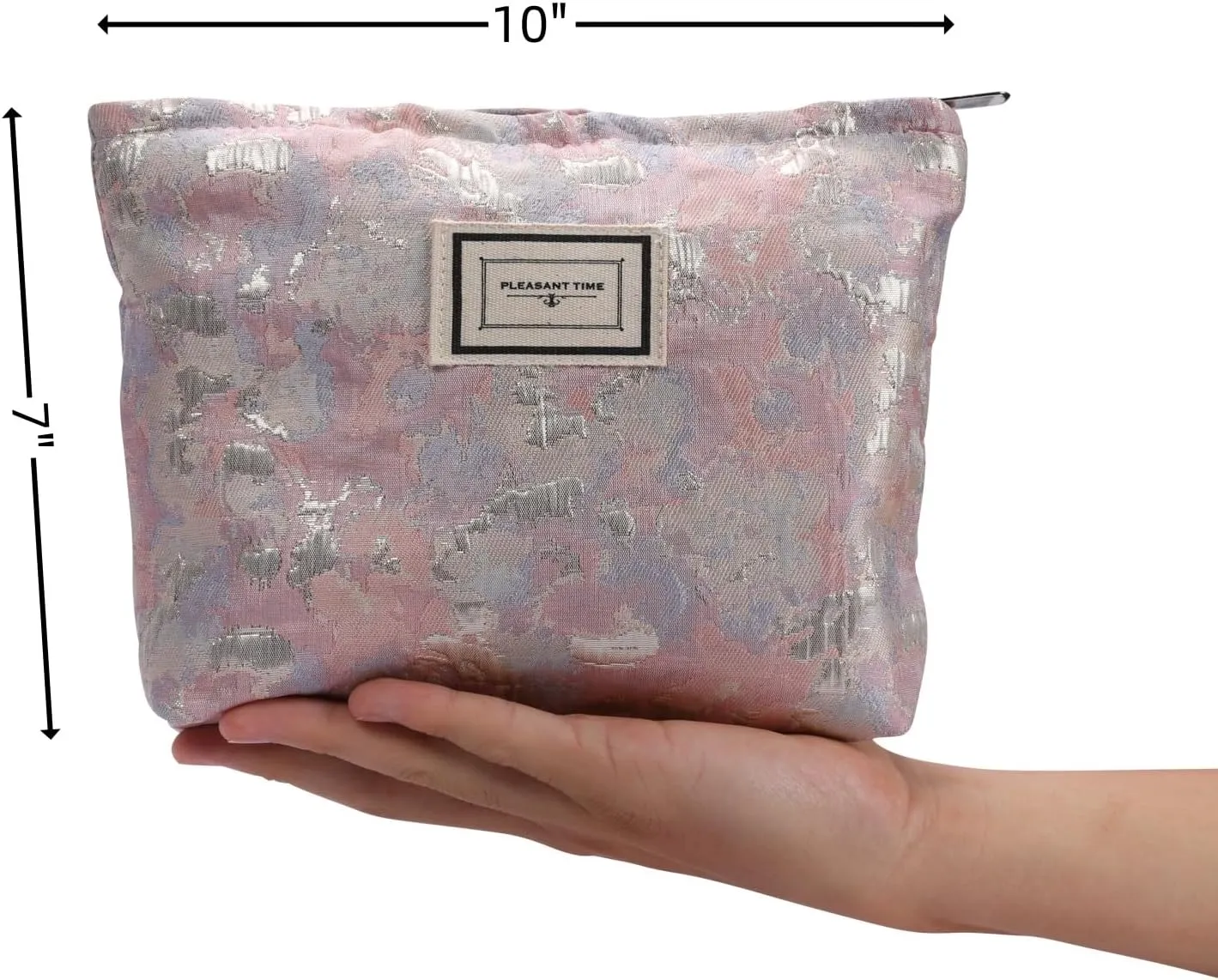 Aesthetic Simple Floral Makeup Pouch for Purse, Cute Clutch Fabric Flowers Small Cosmetic Pouch Bag for Women (Pink Rose)