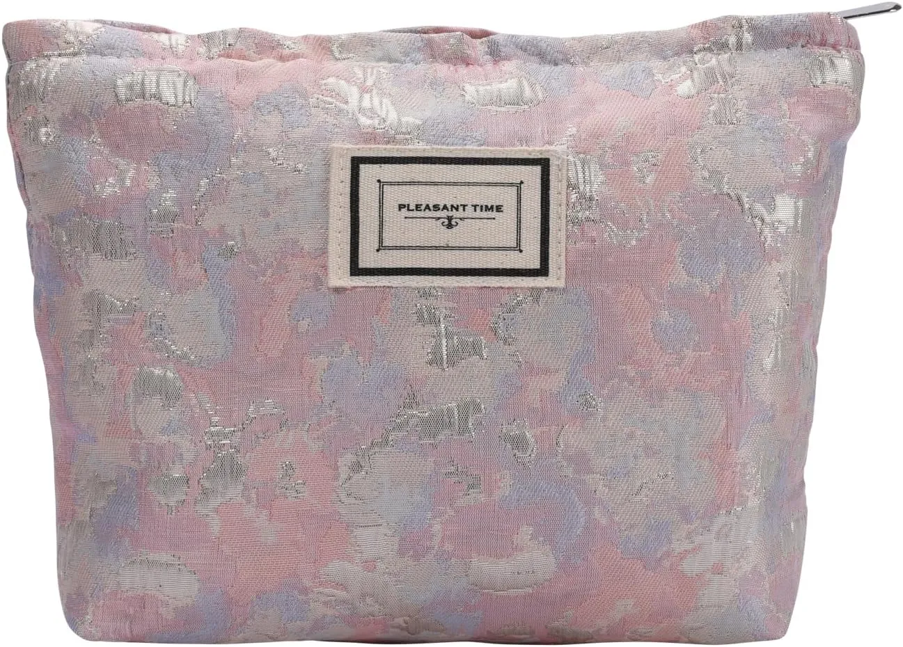 Aesthetic Simple Floral Makeup Pouch for Purse, Cute Clutch Fabric Flowers Small Cosmetic Pouch Bag for Women (Pink Rose)