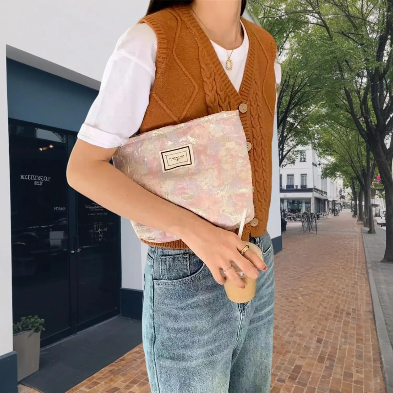 Aesthetic Simple Floral Makeup Pouch for Purse, Cute Clutch Fabric Flowers Small Cosmetic Pouch Bag for Women (Pink Rose)
