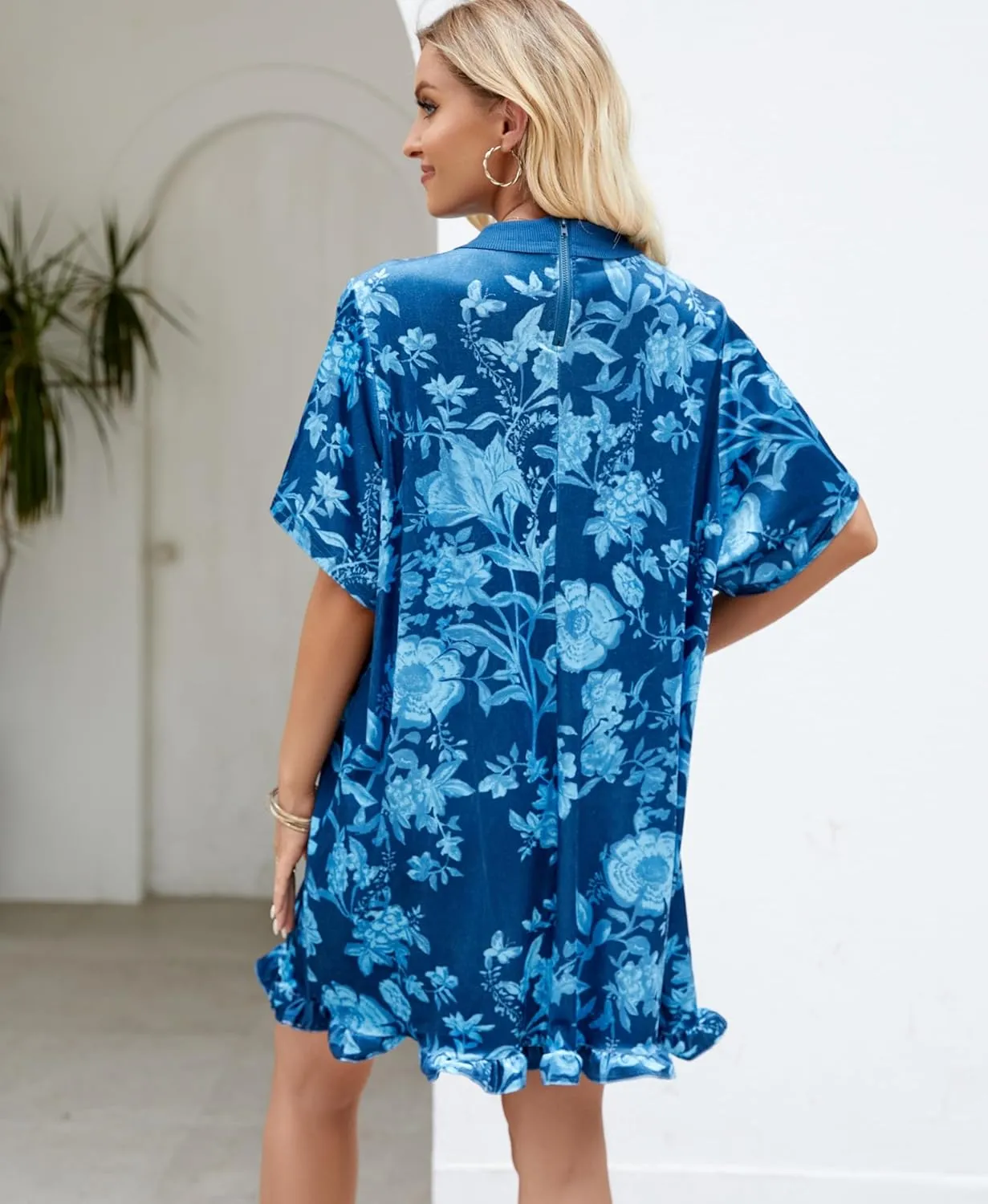 Aimiray Women's Vintage Velvet Dress Round Neck Short Sleeve Floral Printed Mini Flowy Dress