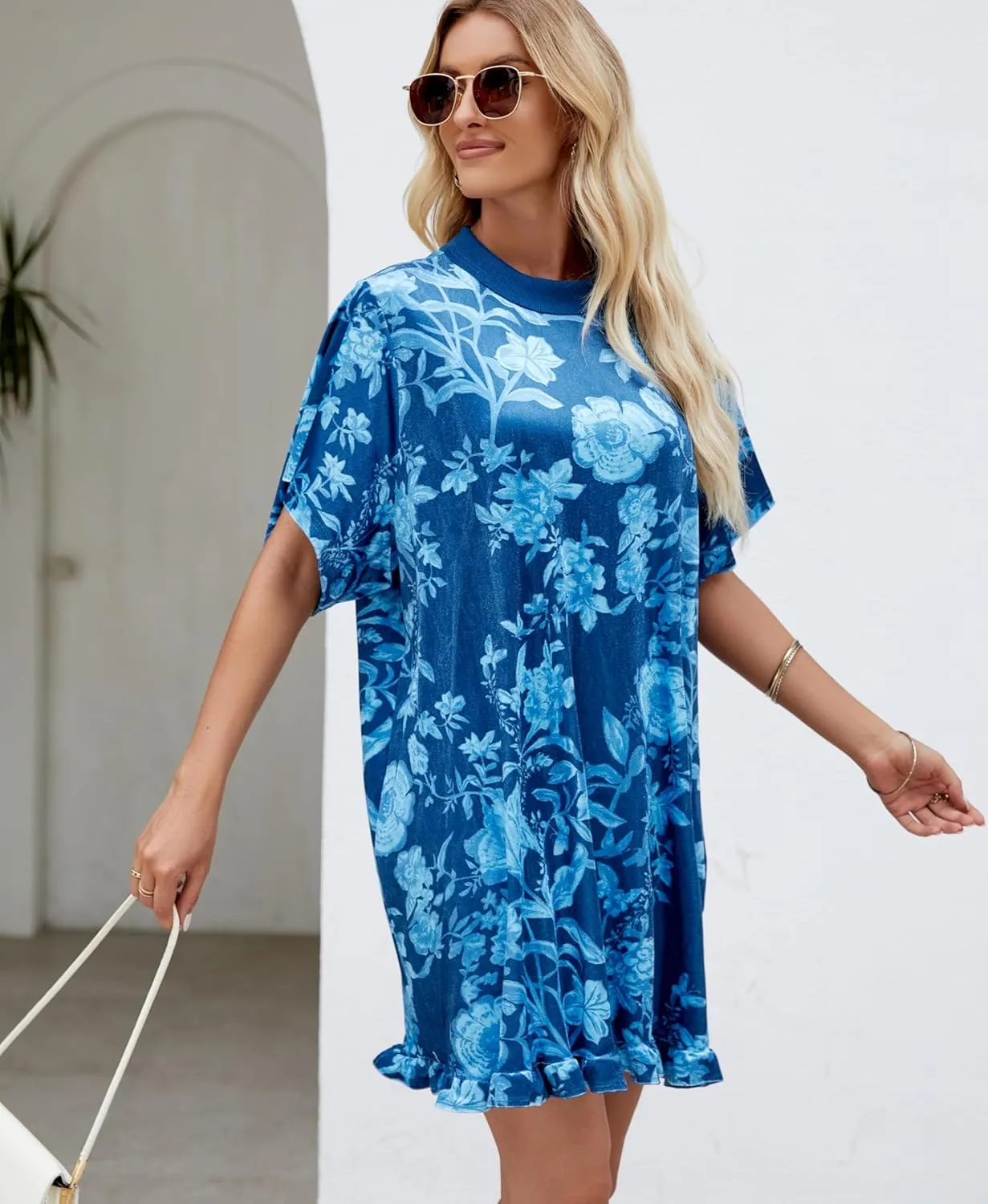 Aimiray Women's Vintage Velvet Dress Round Neck Short Sleeve Floral Printed Mini Flowy Dress