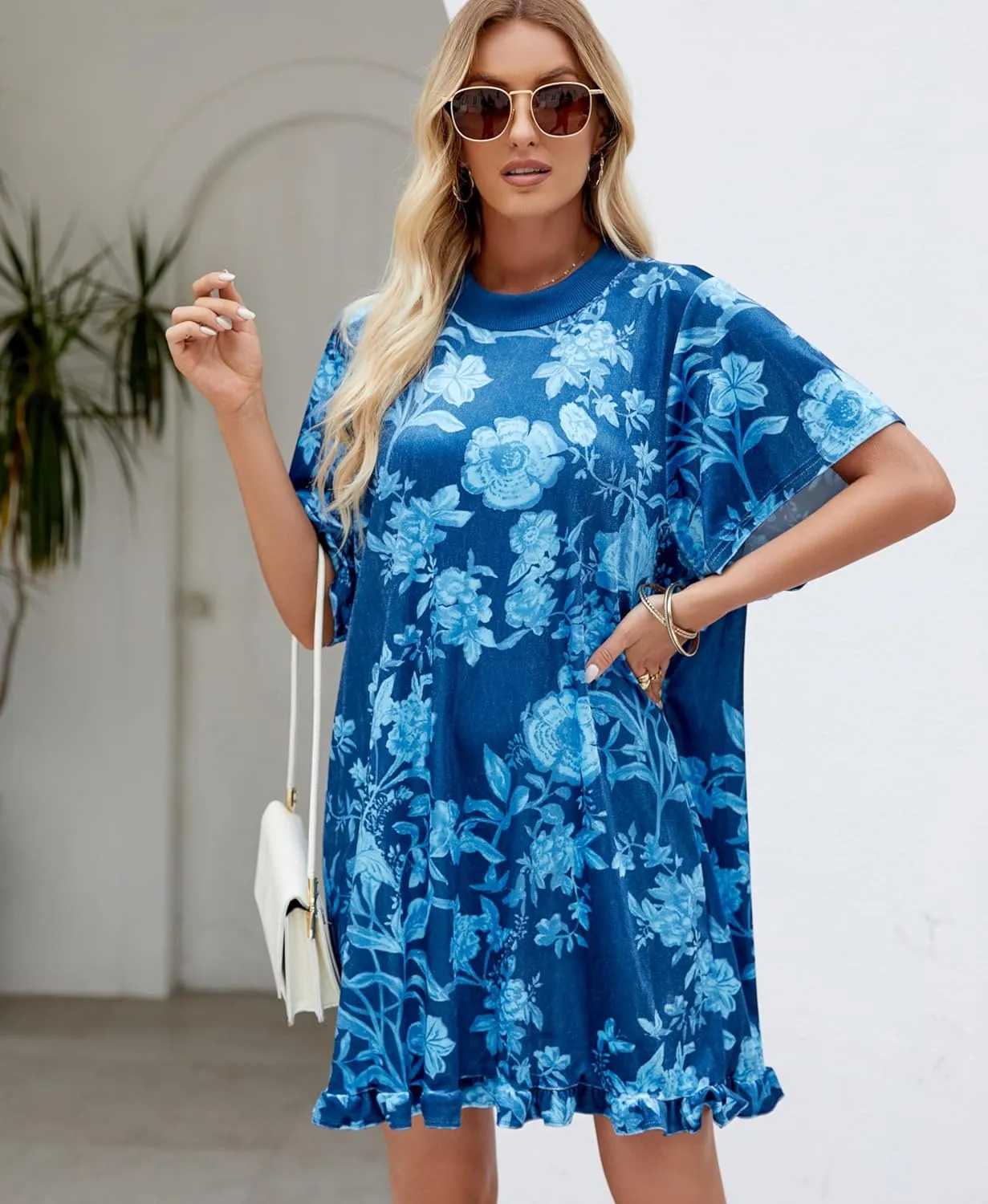 Aimiray Women's Vintage Velvet Dress Round Neck Short Sleeve Floral Printed Mini Flowy Dress