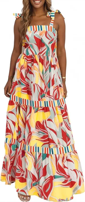 AlvaQ Women's 2025 Summer Sleeveless Floral Print Maxi Dress Strap Square Neck Beach Sun Dress