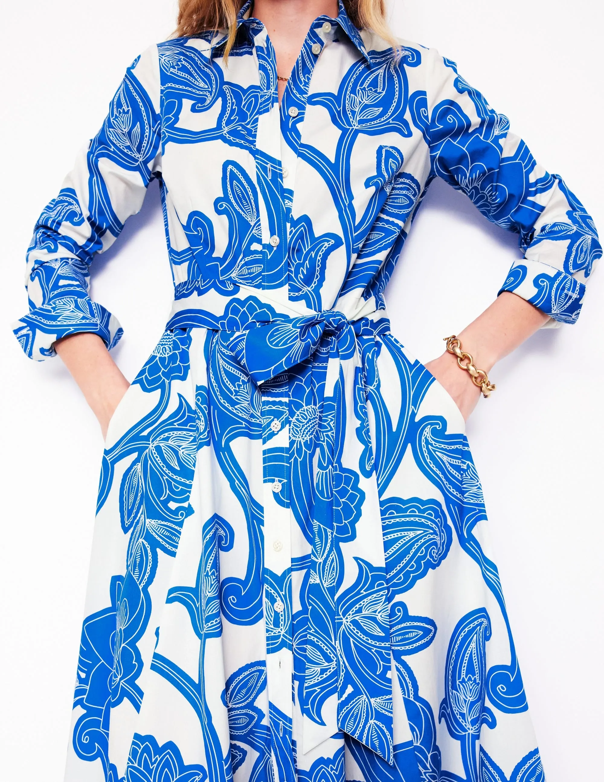 Amy Cotton Midi Shirt Dress-Cerulean Blue, Paisley Whirl