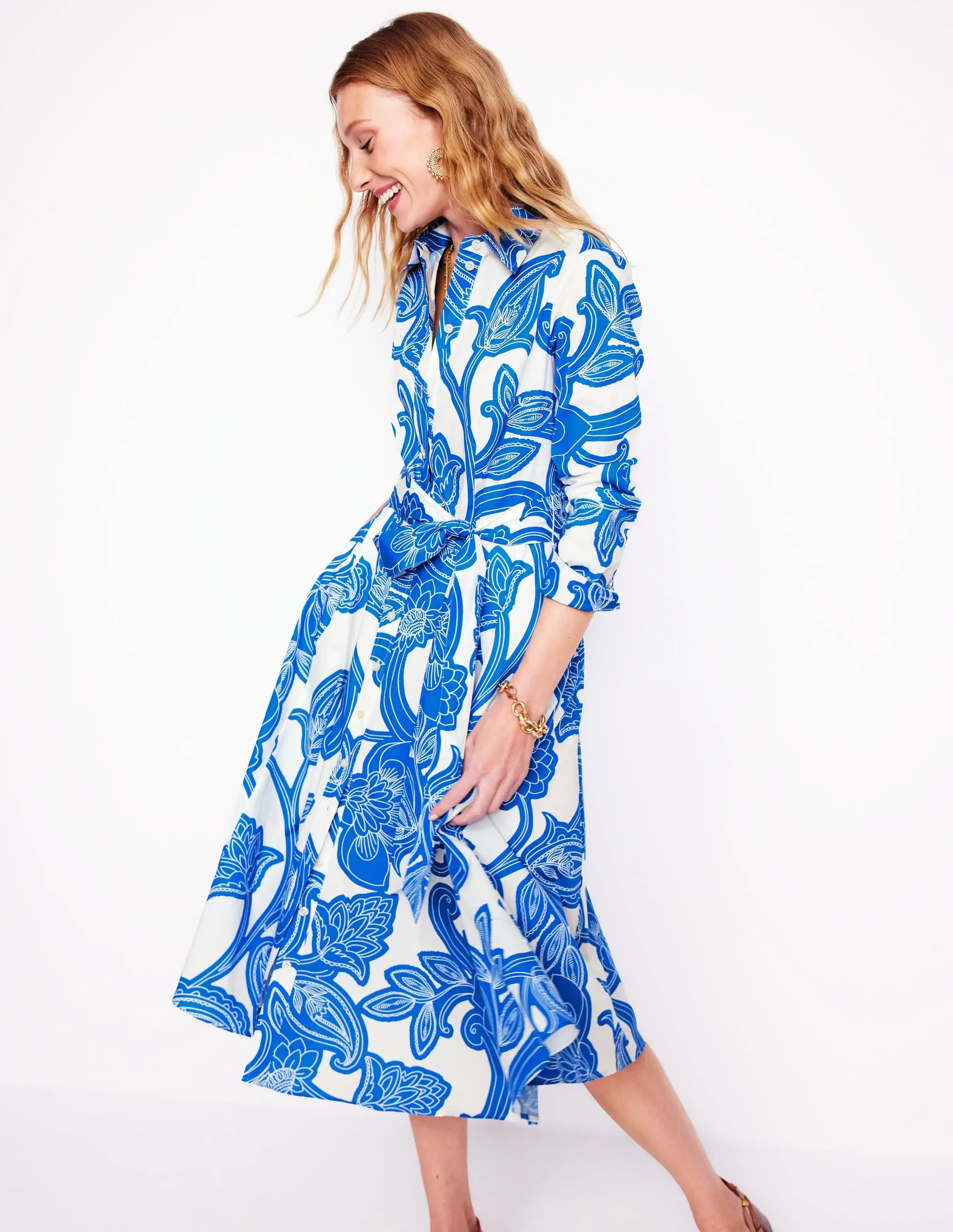 Amy Cotton Midi Shirt Dress-Cerulean Blue, Paisley Whirl
