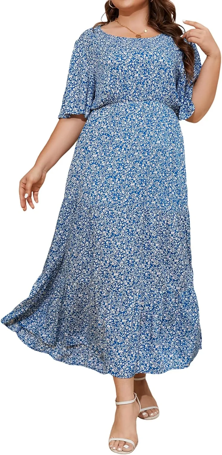 ANOTHER CHOICE Plus Size Dress for Women Floral Short Sleeve Maxi Dress Casual Modest Boho Floral Dresses