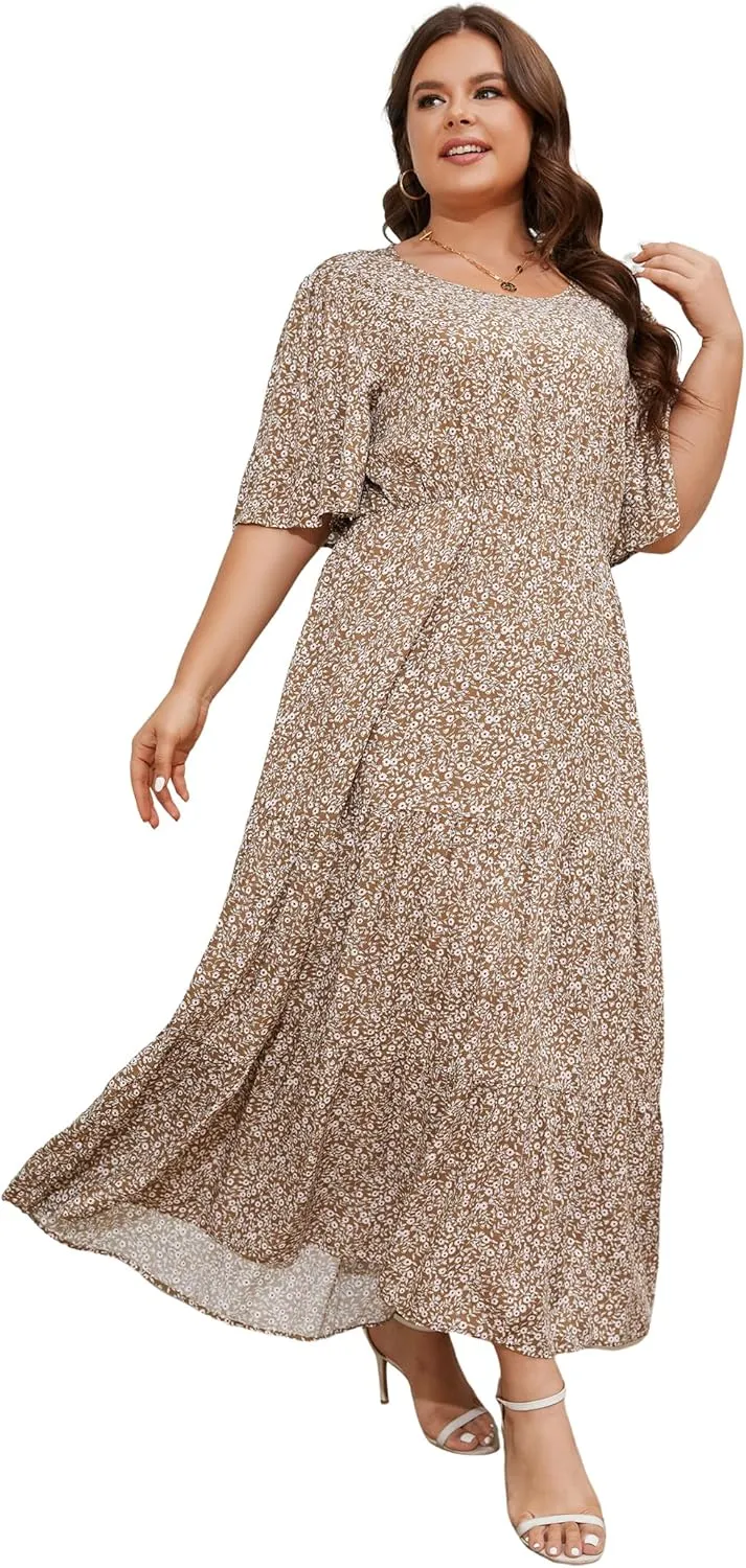 ANOTHER CHOICE Plus Size Dress for Women Floral Short Sleeve Maxi Dress Casual Modest Boho Floral Dresses