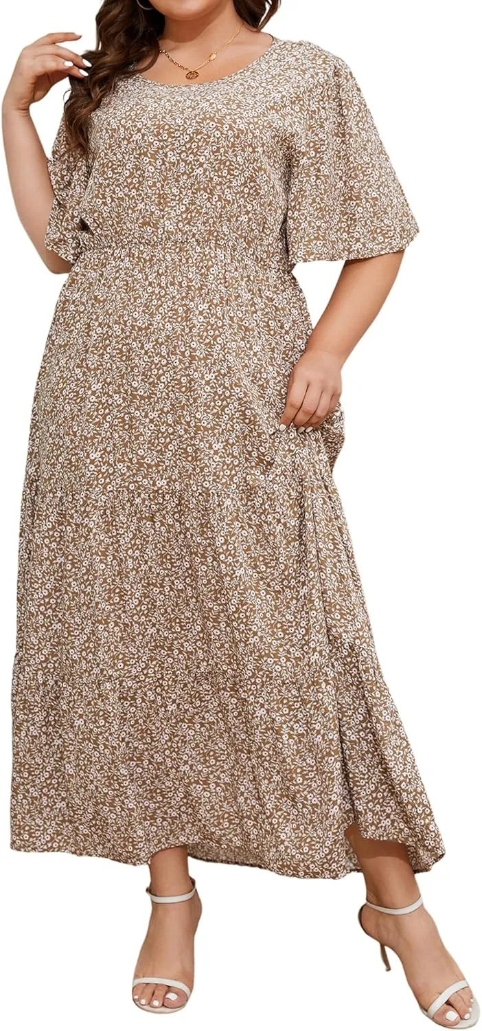 ANOTHER CHOICE Plus Size Dress for Women Floral Short Sleeve Maxi Dress Casual Modest Boho Floral Dresses