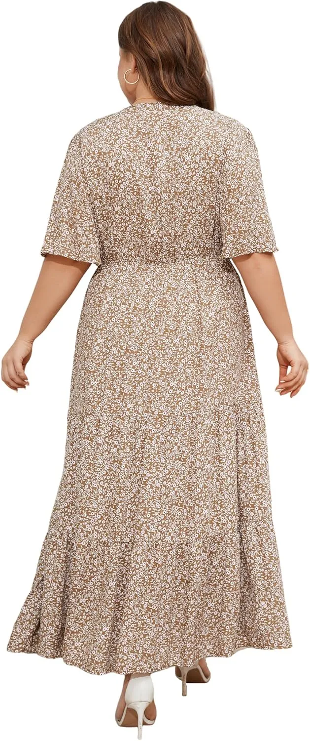 ANOTHER CHOICE Plus Size Dress for Women Floral Short Sleeve Maxi Dress Casual Modest Boho Floral Dresses