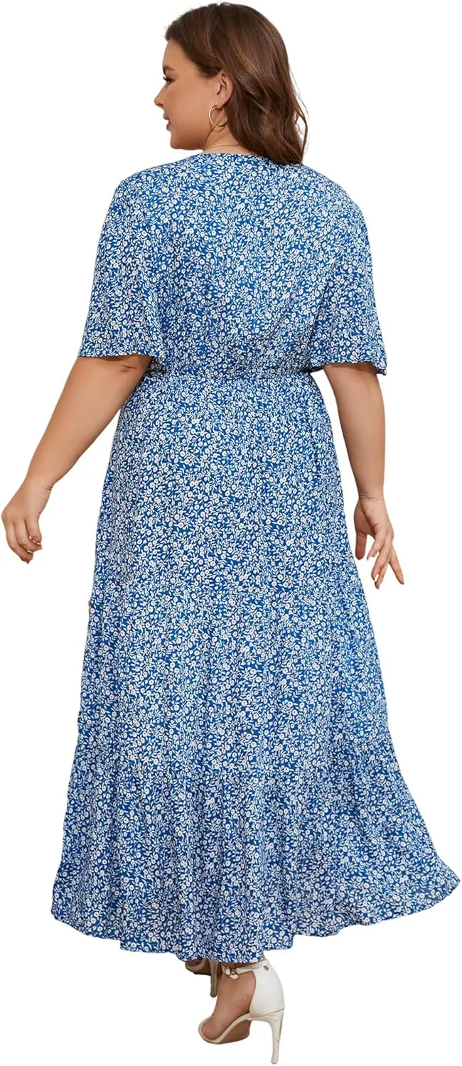 ANOTHER CHOICE Plus Size Dress for Women Floral Short Sleeve Maxi Dress Casual Modest Boho Floral Dresses