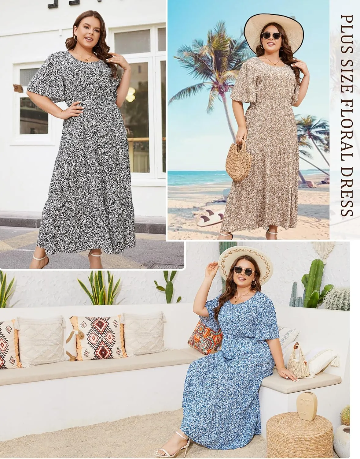 ANOTHER CHOICE Plus Size Dress for Women Floral Short Sleeve Maxi Dress Casual Modest Boho Floral Dresses