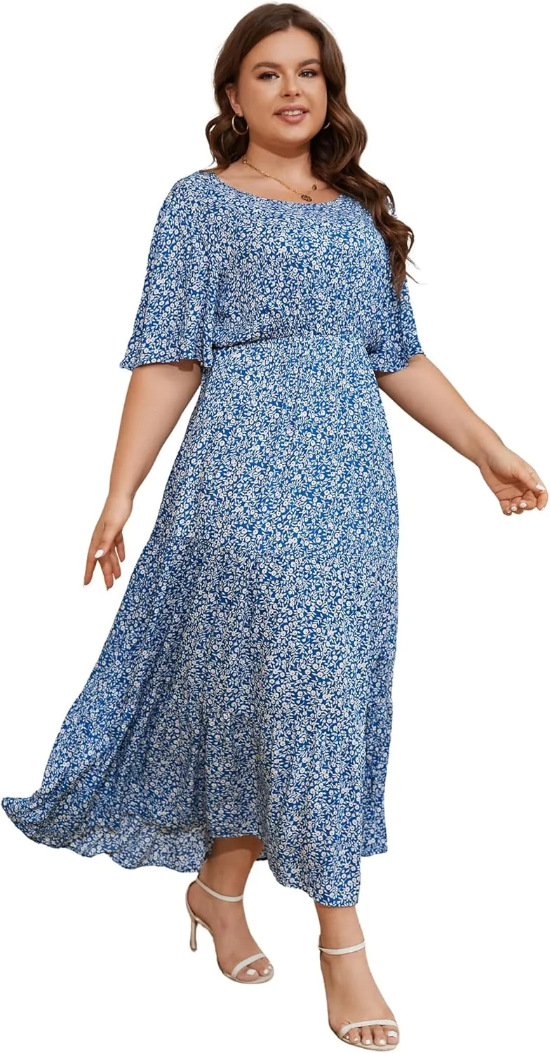ANOTHER CHOICE Plus Size Dress for Women Floral Short Sleeve Maxi Dress Casual Modest Boho Floral Dresses