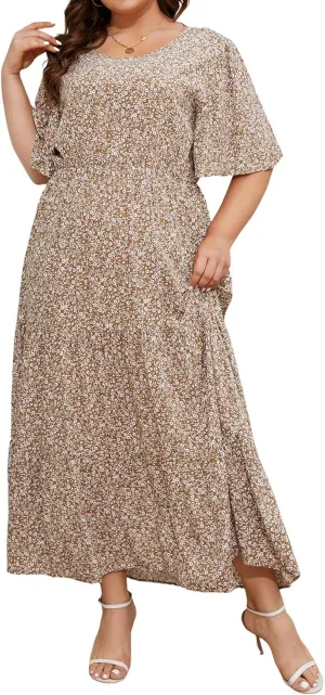 ANOTHER CHOICE Plus Size Dress for Women Floral Short Sleeve Maxi Dress Casual Modest Boho Floral Dresses
