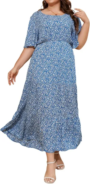 ANOTHER CHOICE Plus Size Dress for Women Floral Short Sleeve Maxi Dress Casual Modest Boho Floral Dresses