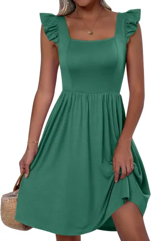 ANRABESS Womens Summer Short Dress 2025 Square Neck Sleeveless A Line Ruffled Wedding Casual Cute Teen Beach Mini Sundress
