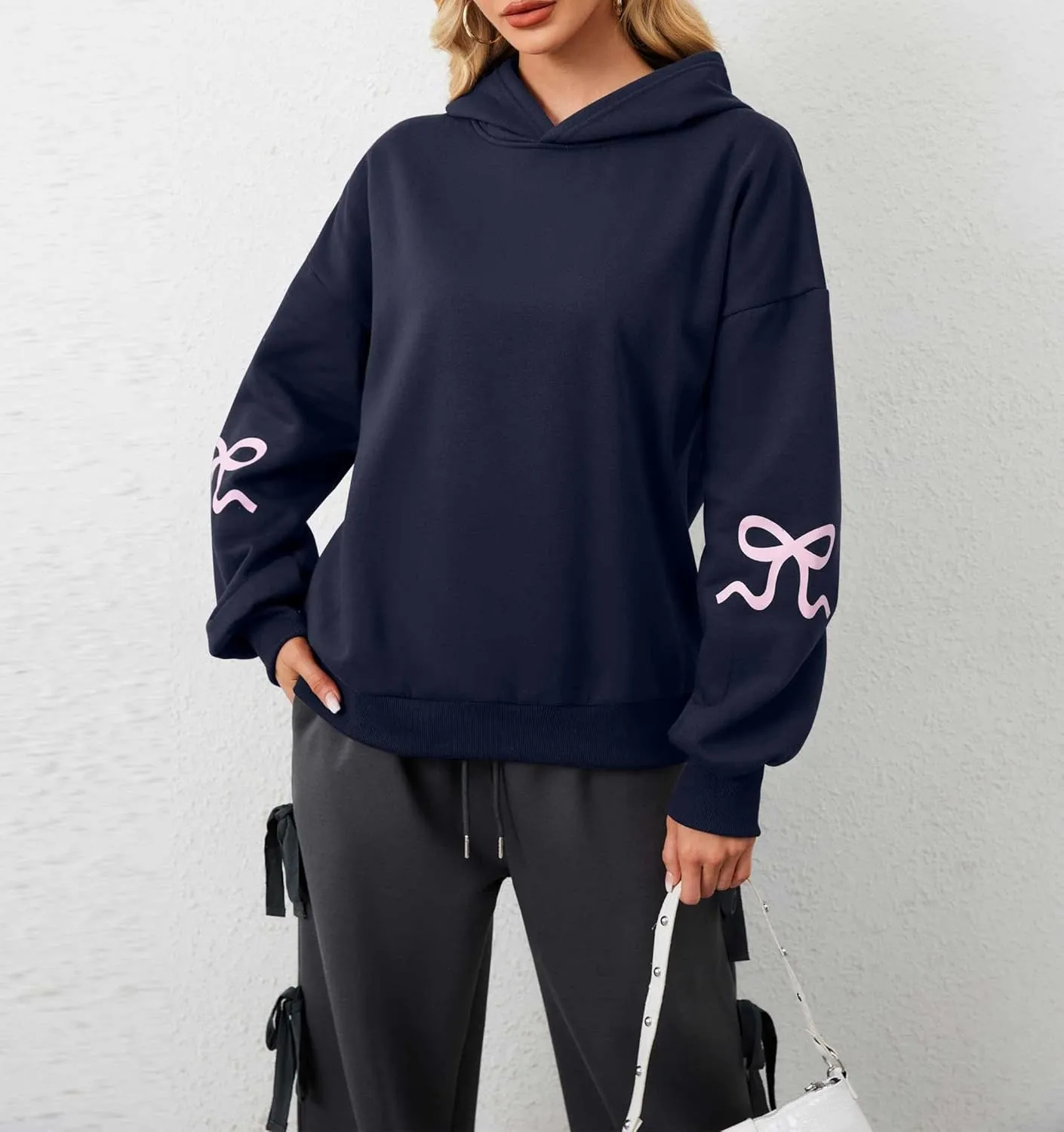 Aopwsrlyi Women's Cute Bow Hoodie Oversized Long Sleeve Fleece Hooded Sweatshirt Trendy Drop Shoulder Pullover Tops