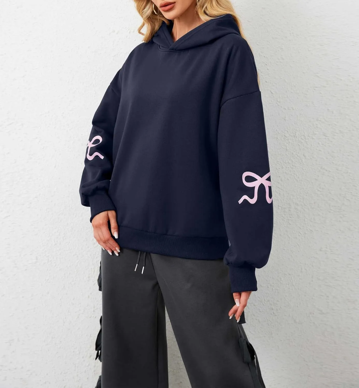 Aopwsrlyi Women's Cute Bow Hoodie Oversized Long Sleeve Fleece Hooded Sweatshirt Trendy Drop Shoulder Pullover Tops