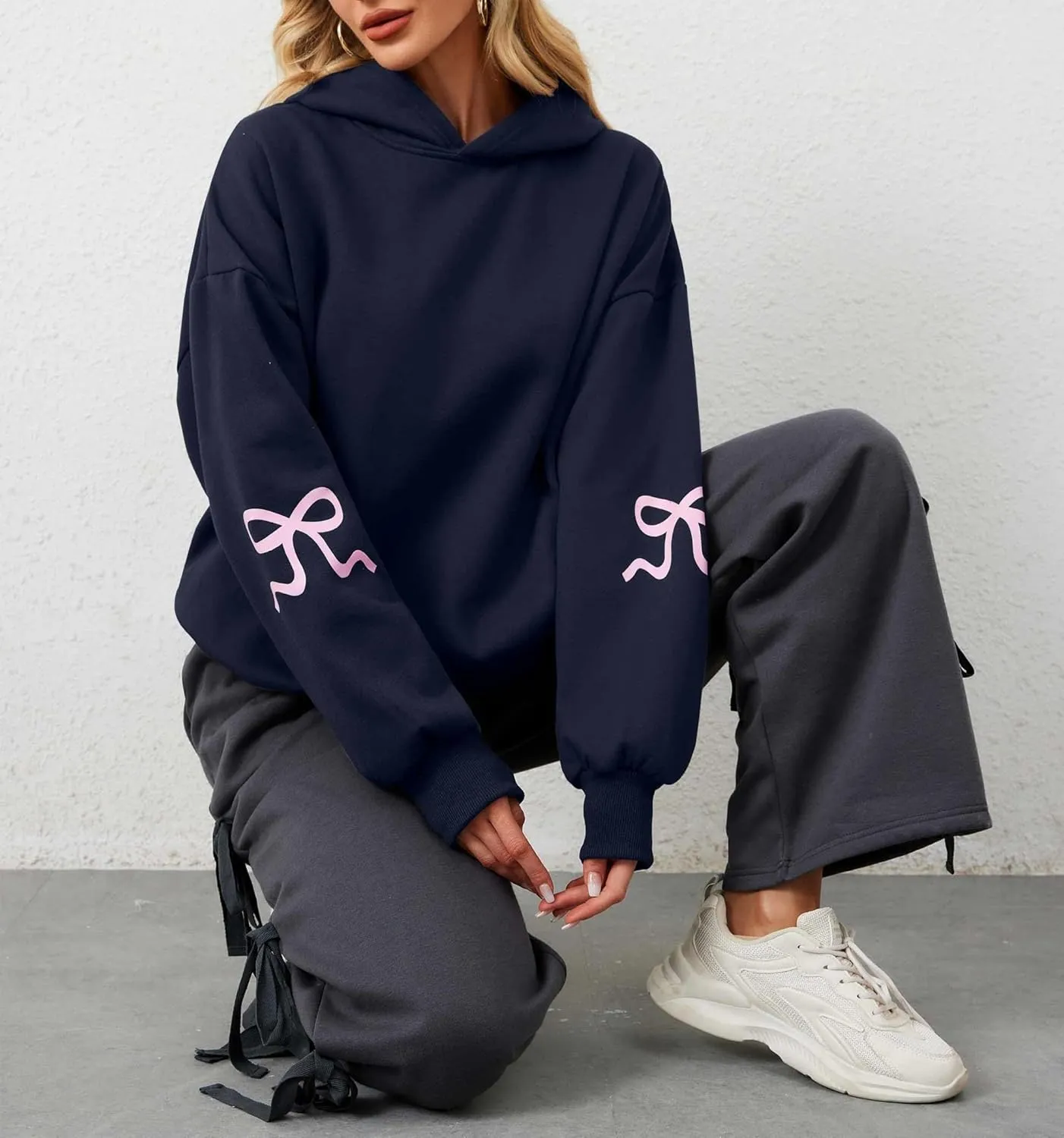 Aopwsrlyi Women's Cute Bow Hoodie Oversized Long Sleeve Fleece Hooded Sweatshirt Trendy Drop Shoulder Pullover Tops