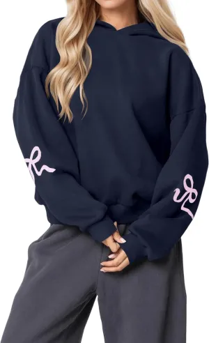 Aopwsrlyi Women's Cute Bow Hoodie Oversized Long Sleeve Fleece Hooded Sweatshirt Trendy Drop Shoulder Pullover Tops