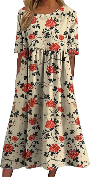Bengbobar Women's Boho Floral Maxi Dress Casual Vacation Flowy Cotton Linen Short Sleeve Summer Tshirt Dresses with Pockets