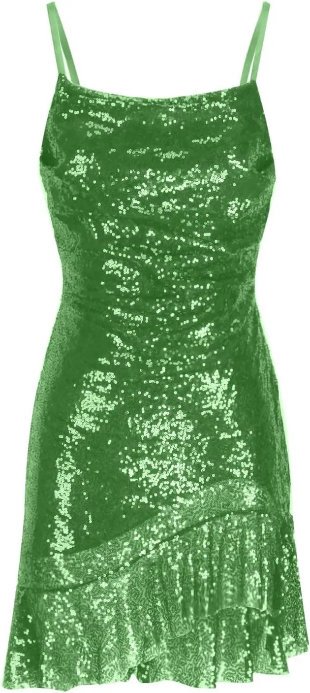 Binmer Women Sparkly Sequin Mini Dress Sexy Glitter Spaghetti Strap Backless Ruffle Hem Cami Short Mini Club Party Dresses
