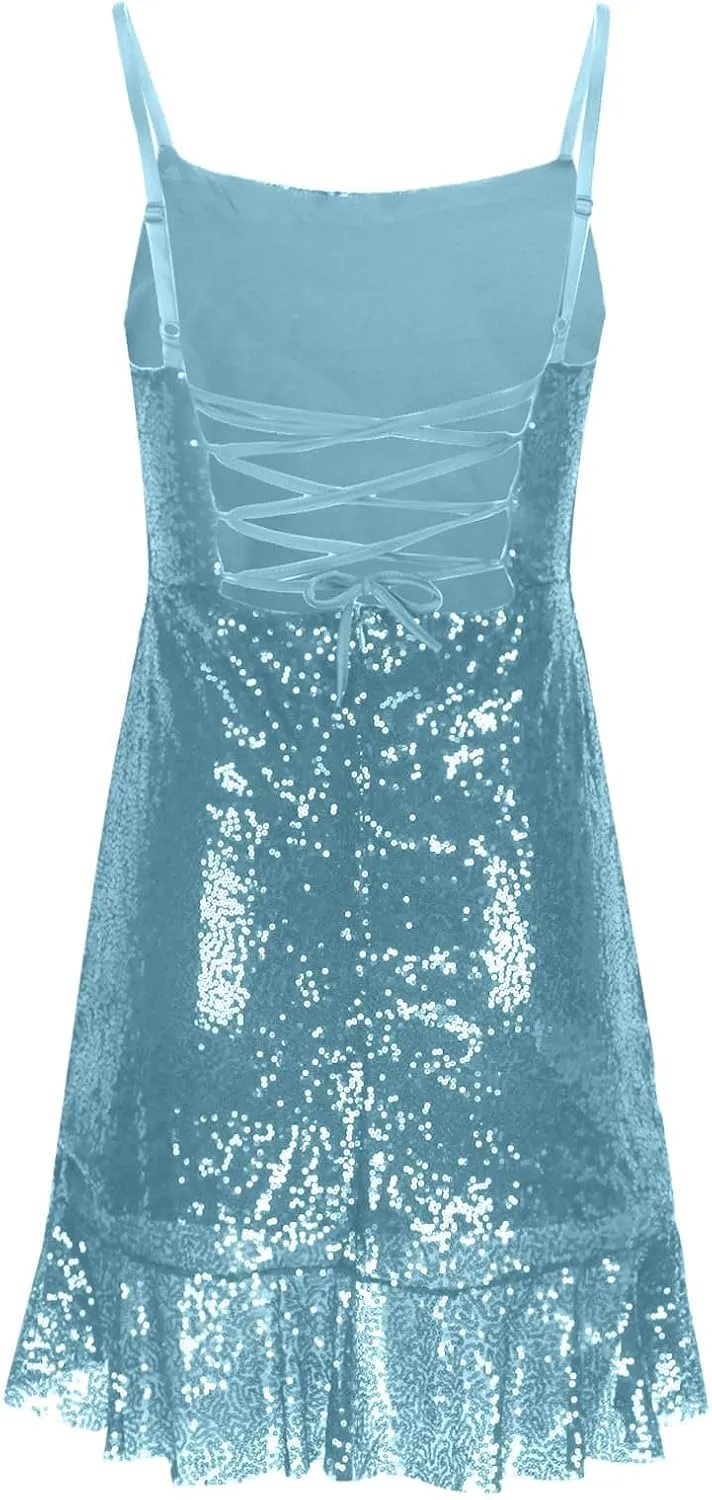 Binmer Women Sparkly Sequin Mini Dress Sexy Glitter Spaghetti Strap Backless Ruffle Hem Cami Short Mini Club Party Dresses