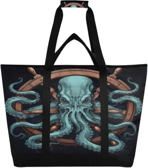 Black Octopus Tote Bag for Women with Zipper Reusable Grocery Bags Foldable Insulated Cooler Bag Totes Handbags Shopping Bags for Groceries Picnic Travel Beach Work