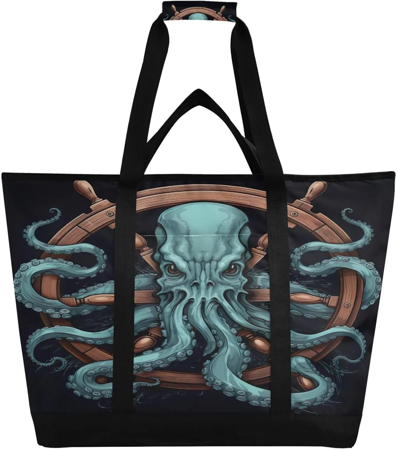 Black Octopus Tote Bag for Women with Zipper Reusable Grocery Bags Foldable Insulated Cooler Bag Totes Handbags Shopping Bags for Groceries Picnic Travel Beach Work
