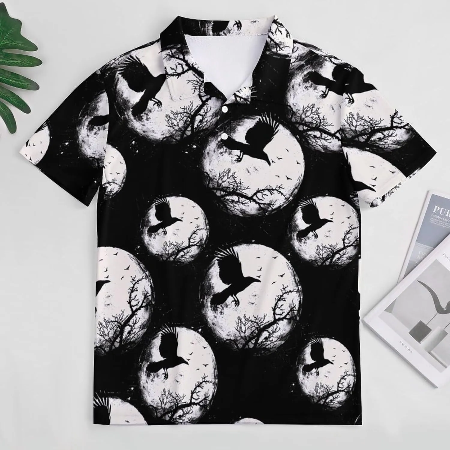 Black Raven Crow Bird Under The Moon Mens Polo Shirts Quick Dry Short Sleeve T-shirts Slim Tennis Collared Tees Tops