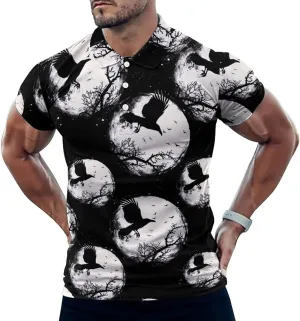 Black Raven Crow Bird Under The Moon Mens Polo Shirts Quick Dry Short Sleeve T-shirts Slim Tennis Collared Tees Tops
