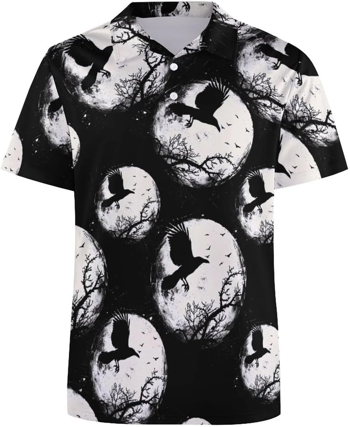 Black Raven Crow Bird Under The Moon Mens Polo Shirts Quick Dry Short Sleeve T-shirts Slim Tennis Collared Tees Tops