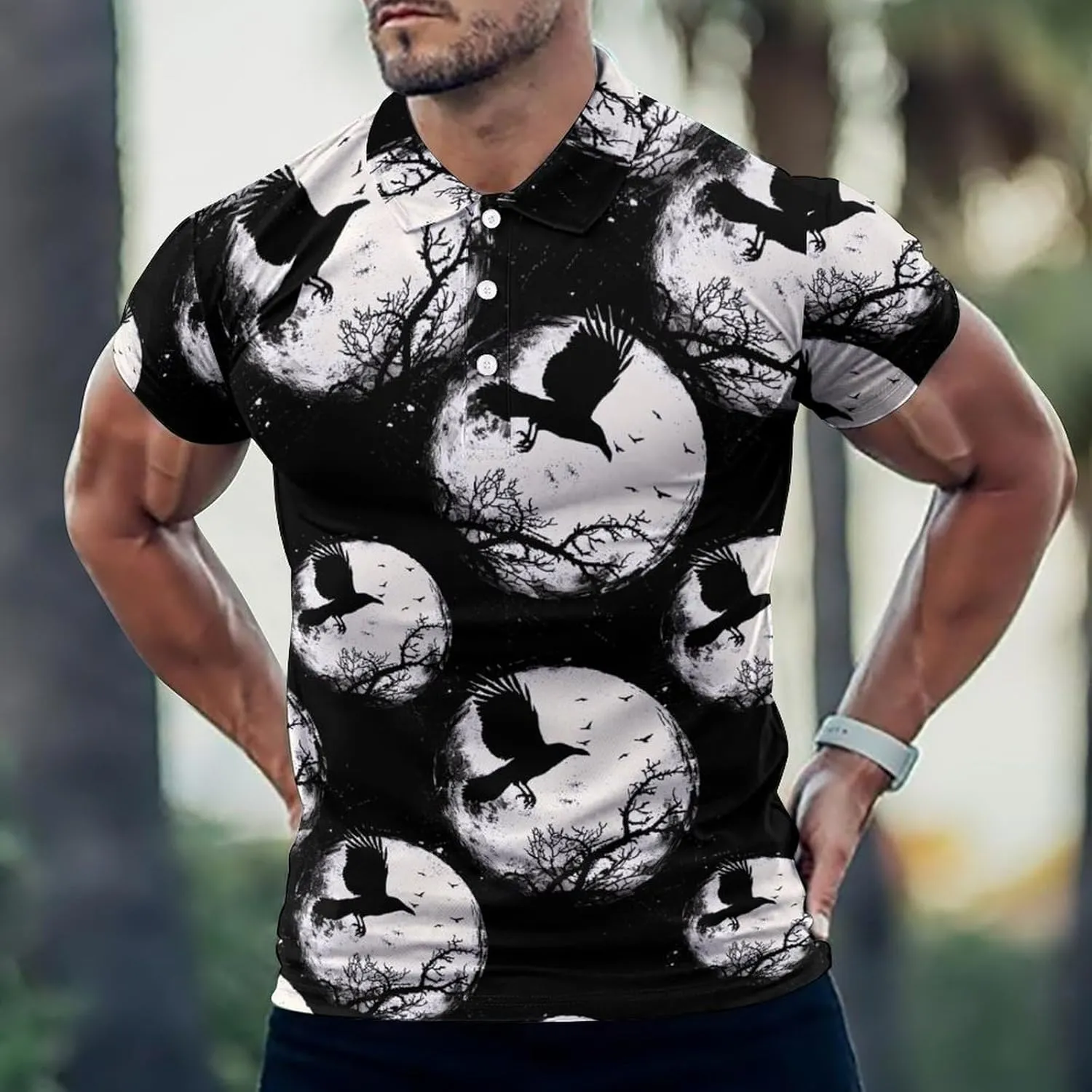 Black Raven Crow Bird Under The Moon Mens Polo Shirts Quick Dry Short Sleeve T-shirts Slim Tennis Collared Tees Tops