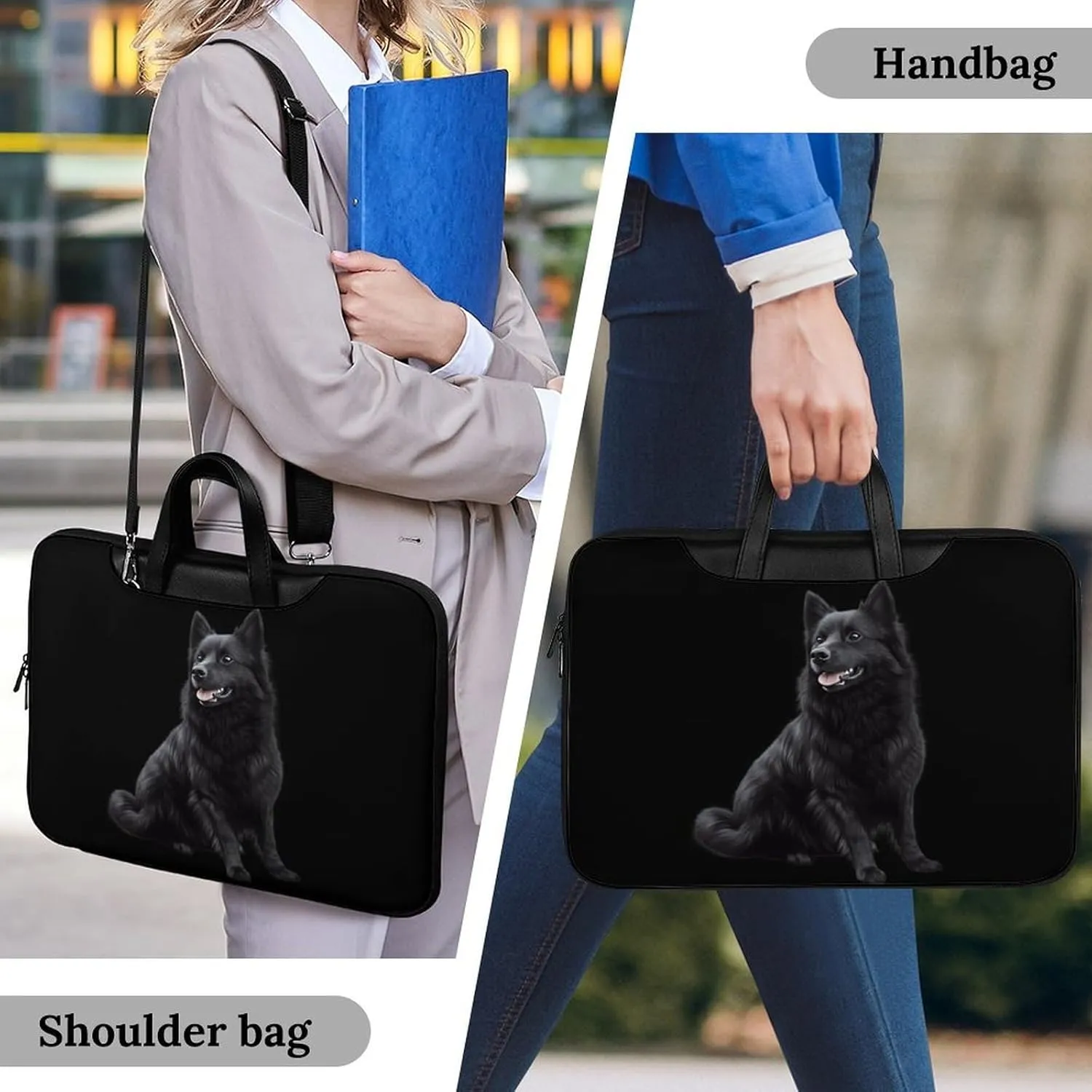 Black Schipperke Dog Leather Bag Laptop Case Slim Water Resistant Computer Bags with Handle Briefcase for Work