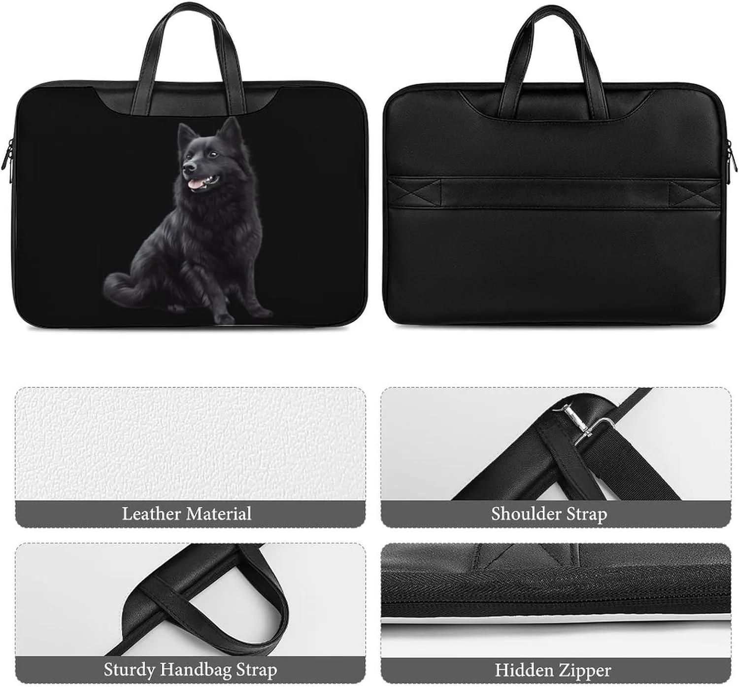 Black Schipperke Dog Leather Bag Laptop Case Slim Water Resistant Computer Bags with Handle Briefcase for Work