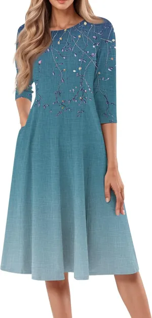 Boho Summer Dresses for Women 3/4 Sleeve Crewneck Floral Midi Dress Cute Spring Dresses A Line Wedding Guest Dress