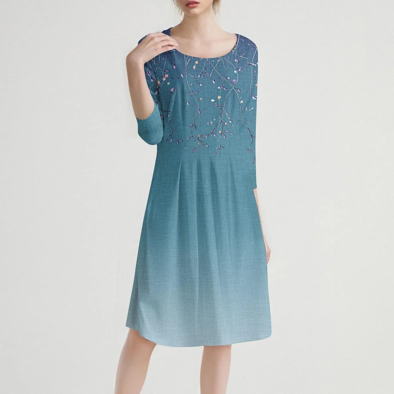 Boho Summer Dresses for Women 3/4 Sleeve Crewneck Floral Midi Dress Cute Spring Dresses A Line Wedding Guest Dress