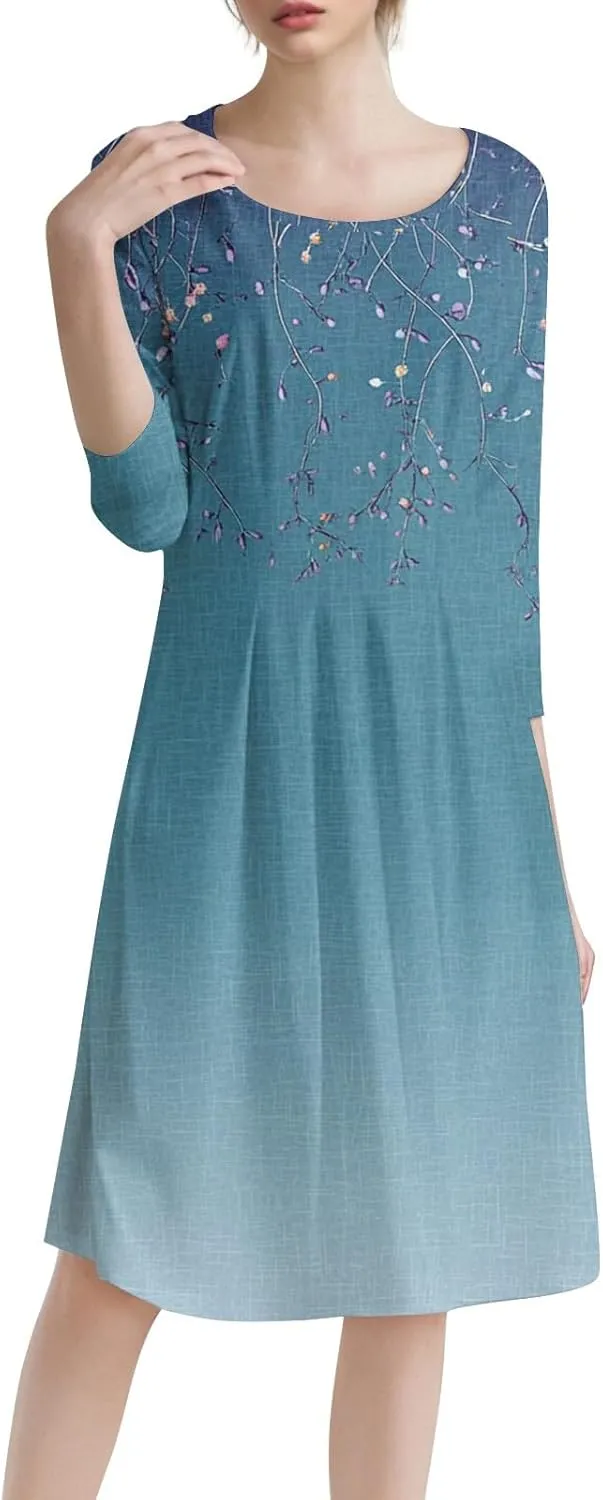 Boho Summer Dresses for Women 3/4 Sleeve Crewneck Floral Midi Dress Cute Spring Dresses A Line Wedding Guest Dress